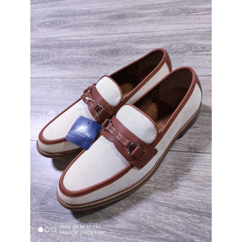 Stafford Torno Bit Loafers Mens 10.5 M White Cognac New Textile Mesh Dress Shoes